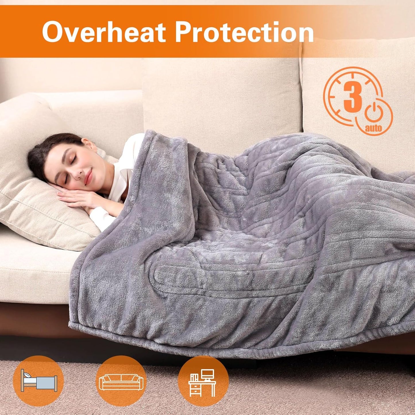 All Purpose Electric Heated Blanket Premium Quality Flannel fleece+ white Sherpa Bed Sofa Blanket