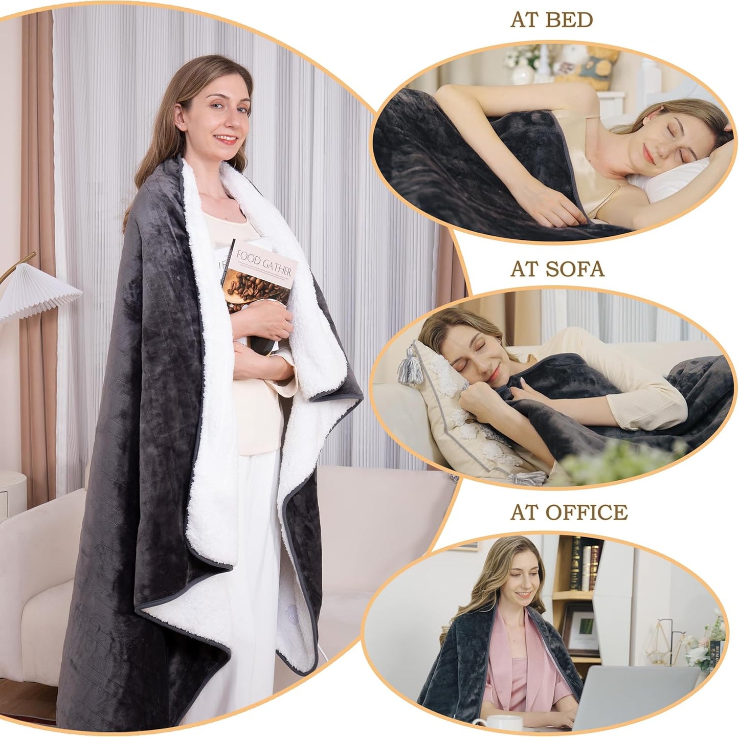 All Purpose Electric Heated Blanket Premium Quality Flannel fleece+ white Sherpa Bed Sofa Blanket